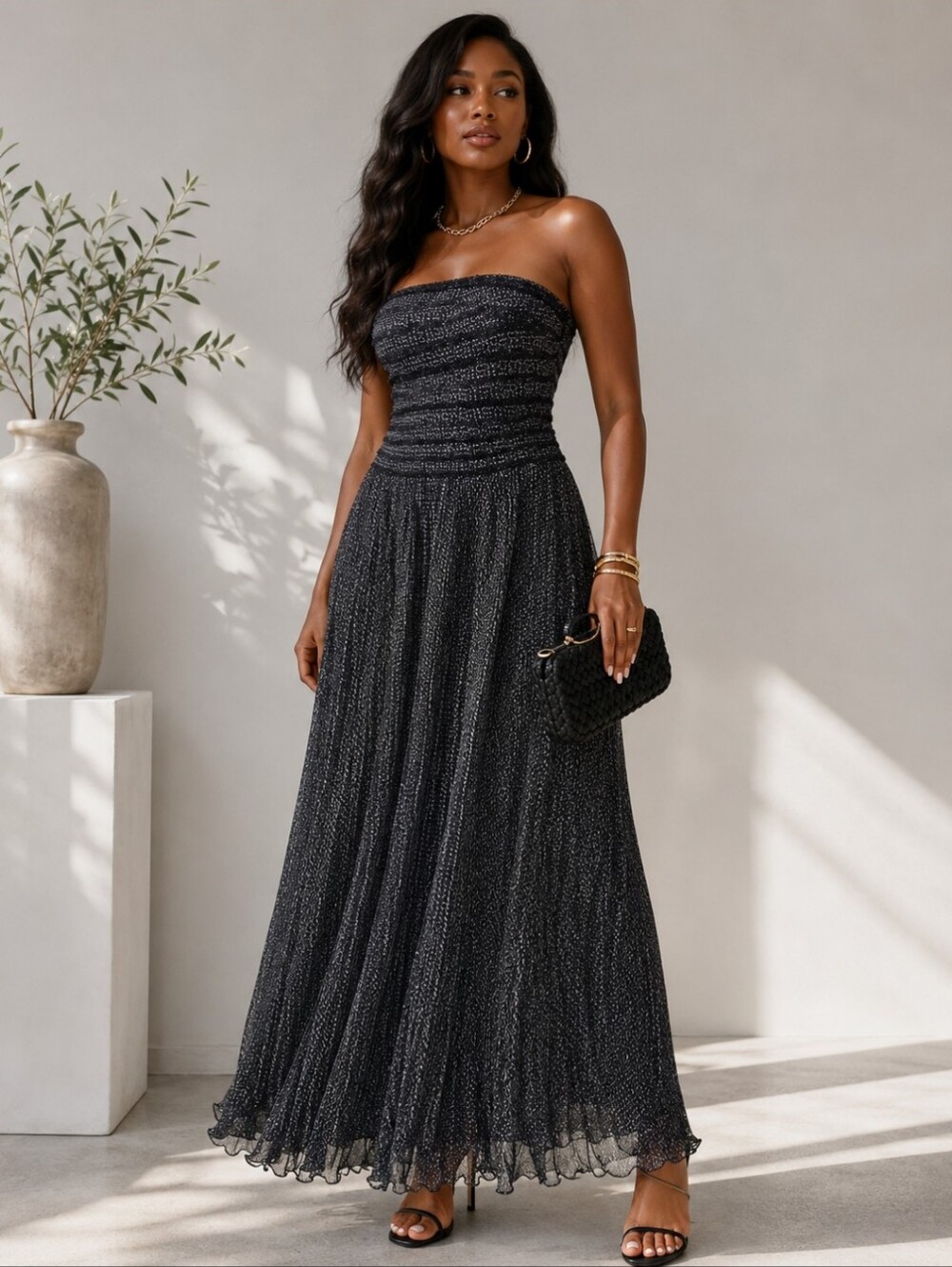 Carmen Marc Valvo Strapless Black Beaded  Pleated Silk Maxi Dress